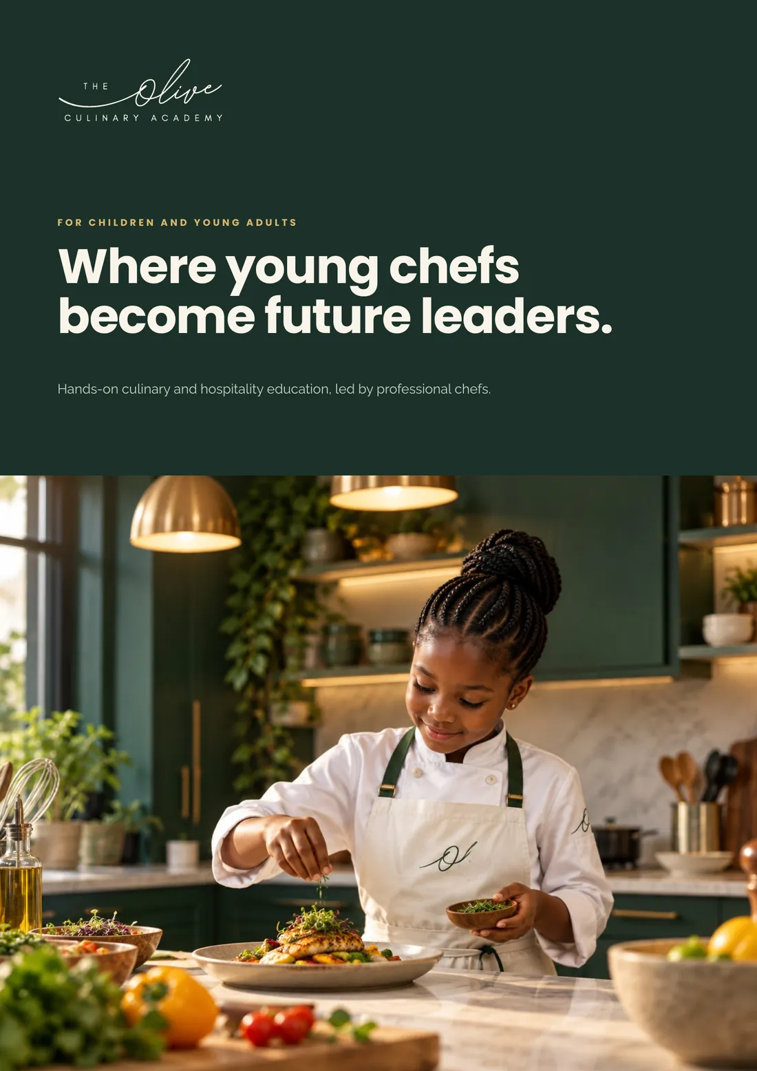 Cover: Where young chefs become future leaders. A girl in chef whites plates a dish.