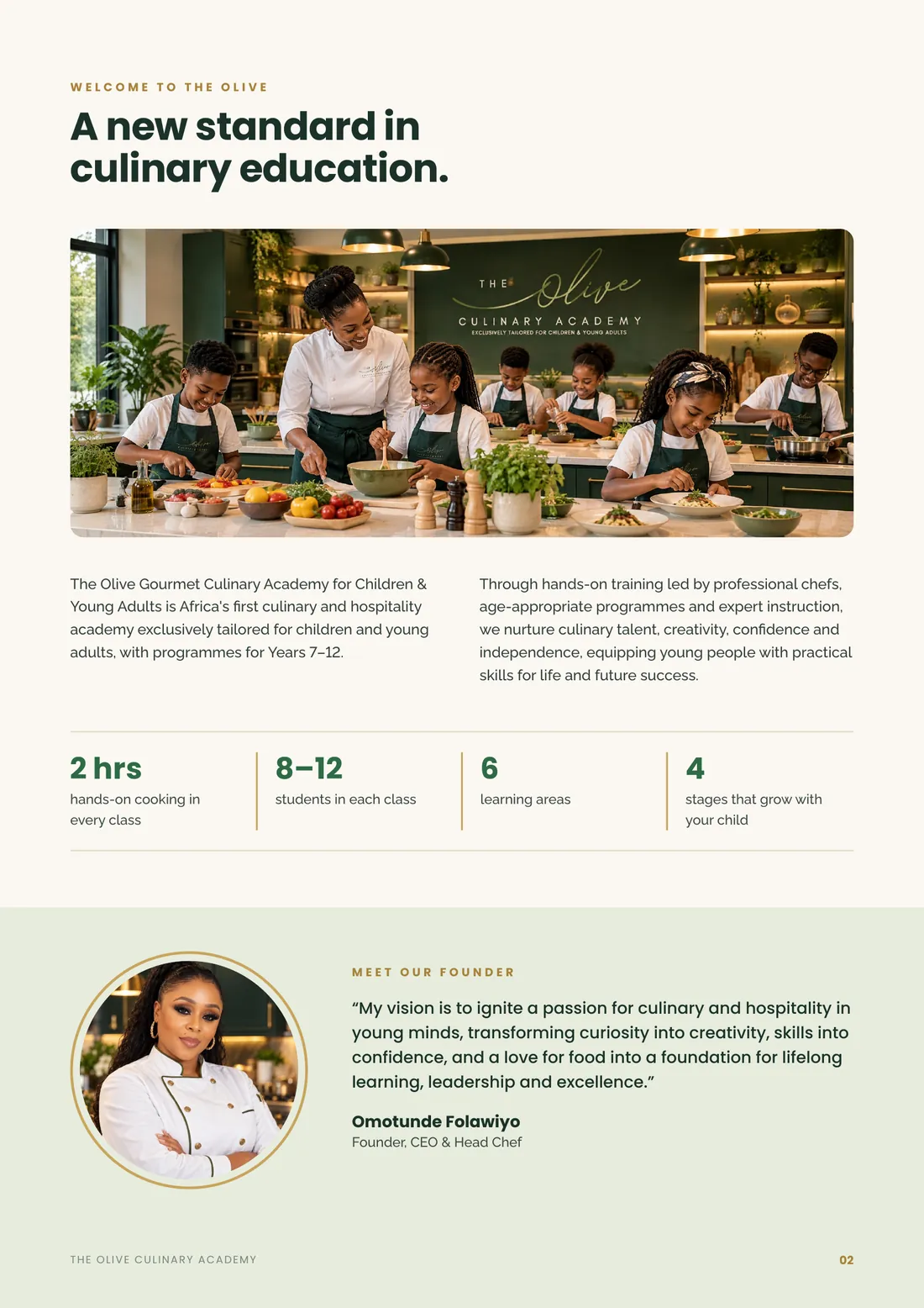 Page 2: A new standard in culinary education, and a message from the founder.